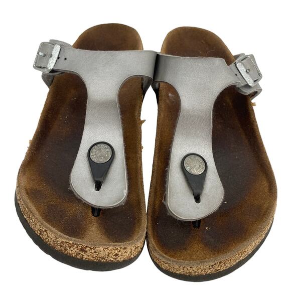 Birkenstock Gizeh Kids 33 / 2.5  Metallic Silver Birko Flor Thong Sandals Girls - Picture 2 of 6